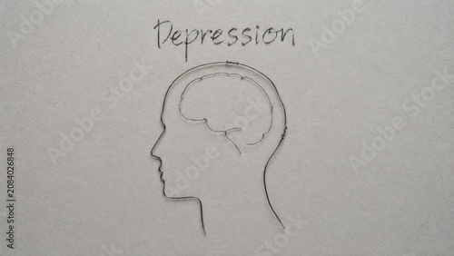 Depression wire thread human head profile silhouette brain outline on light gray textured paper sparse line art concept for sadness anxiety psychology awareness therapy