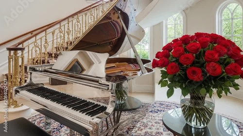 Elegant luxury home interior featuring grand pianos, a bouquet of red roses, and a sweeping staircase in a bright, sophisticated living space
