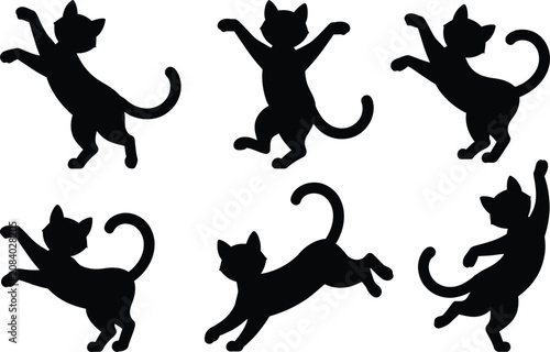 Collection of playful cat silhouettes in various jumping and dancing poses
