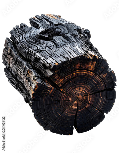 A detailed macro shot of a charred wood log.