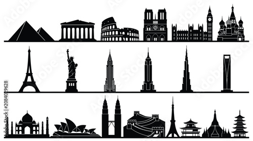 Detailed black vector illustration showing iconic global landmarks and famous world monuments on white background