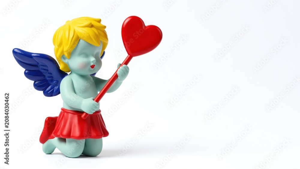 Obraz premium Cupid's Embrace: A charming figurine of a cupid, complete with golden hair and blue wings, kneels holding a heart-shaped lollipop, symbolizing love and affection.
