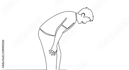 Man bending over, single line drawing art, minimalist style, on white background
