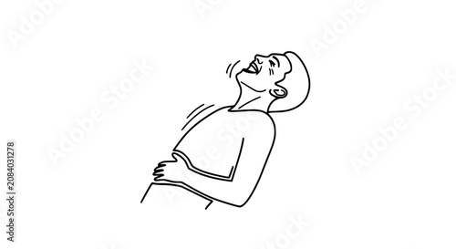 Man laughing hard, head thrown back, holding stomach, simple line art illustration