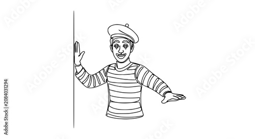 Mime Artist Trapped Behind Invisible Wall, Beret and Striped Shirt