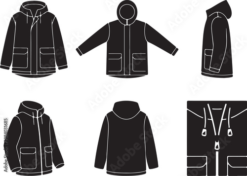 Minimalist Black Hooded Jacket Flat Vector Apparel Design Icons