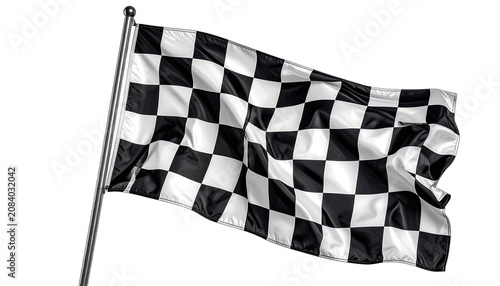 A checkered flag waves against a black background.