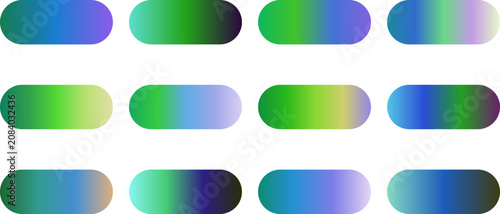 Collection of twelve vibrant blue and green gradient rounded button shapes.