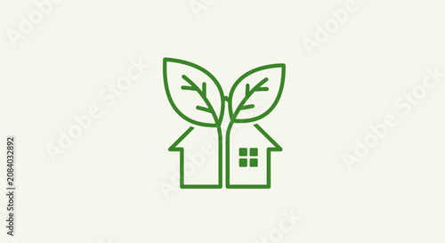 An illustration of a house with green leaves growing out of it symbolizes eco-friendly living.
