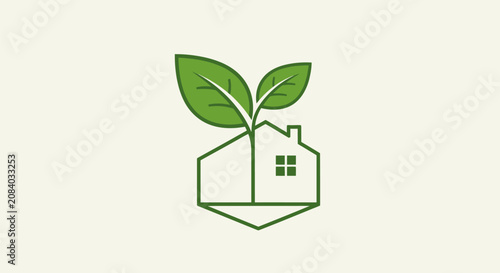 Green house with leaves growing out of it in a simple illustration