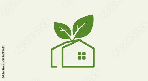 A green house icon with leaves growing out of it symbolizes eco-friendly living.