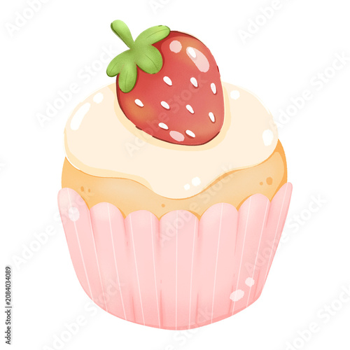 Hand drawn Kawaii Sweet Strawberry Cupcake Illustration