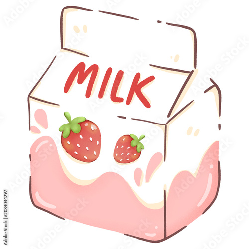 Hand drawn Cute Kawaii Strawberry Milk Carton Illustration