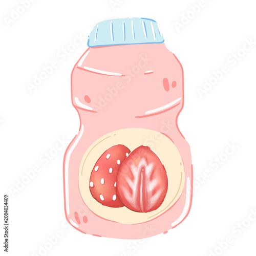 Kawaii Strawberry Yogurt Drink hand drawn Illustration