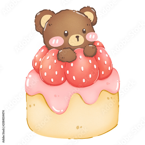 Cute Kawaii Teddy Bear With Strawberries On Cake Illustration