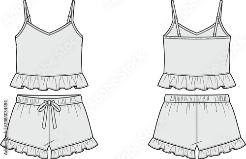 Fotografie Technical fashion of a women's pajama set with camisole and shorts with ruffle d