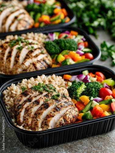 Meal prep containers with grilled chicken and colorful vegetables for healthy eating