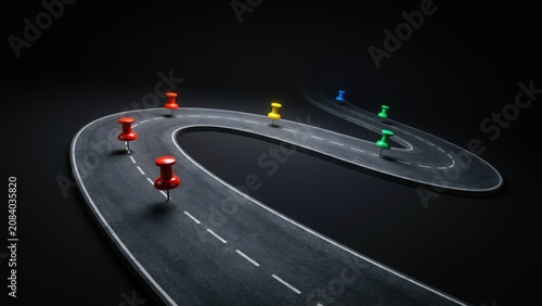 Road with pin signs showing milestones and progress way. Winding asphalt road with markers on black background.