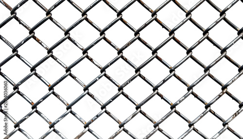 A close-up view of a weathered chain-link fence against a black background.