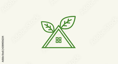 Quadro su tela Green leafy house icon with triangular roof and window symbolizes eco-friendly l