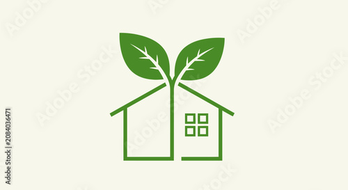 A green house with leaves growing out of it symbolizes eco-friendly living.