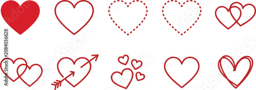 Quadro su tela Set of various heart shapes including solid outlines and scribbled styles in red on