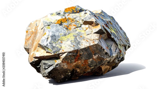A jagged, multi-faceted rock with gray, orange, and yellow hues is set against a clean white backdrop with a shadow
