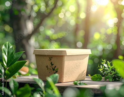 Blank brown kraft paper food container mockup on a wooden surface in a green garden.