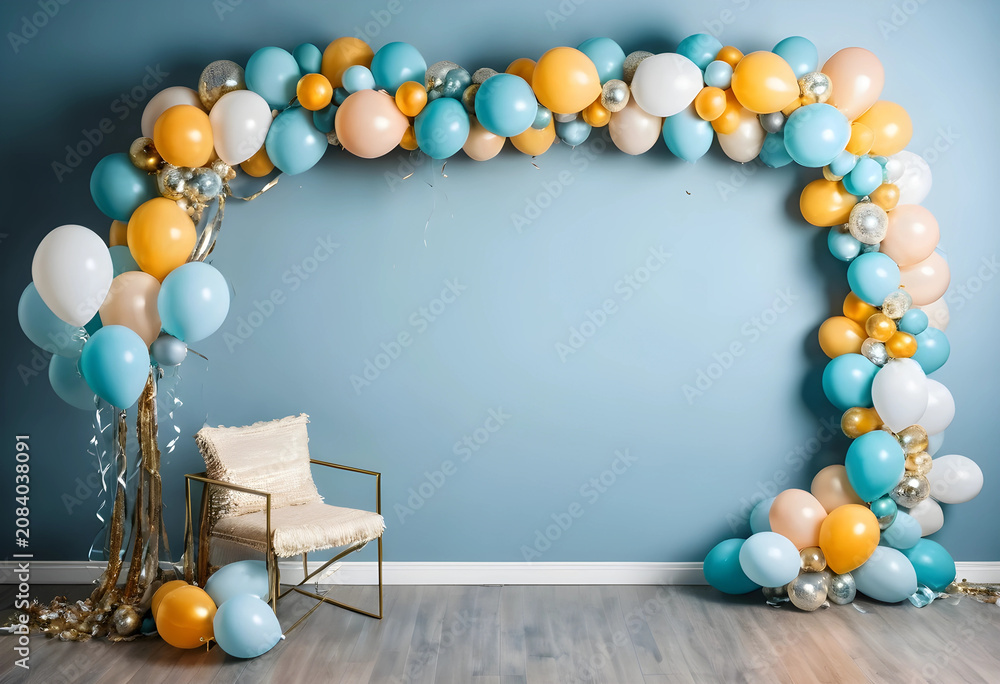 Fototapeta premium Bar mitzvah balloon arch decoration with chair indoors