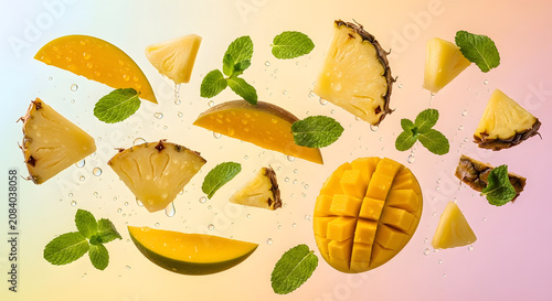 Fresh mango and pineapple slices flying with mint leaves and water drops