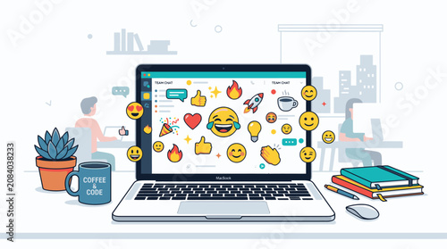 Εκτύπωση καμβά Laptop with social media emojis on screen.