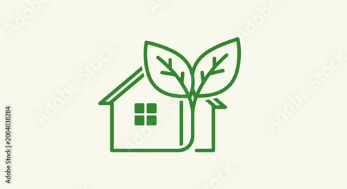 A green outline of a house with a plant growing out of it symbolizes eco-friendly living.