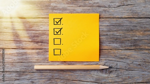 Bright yellow checklist with checked boxes on rustic wooden background, accompanied by a pencil, perfect for organization.