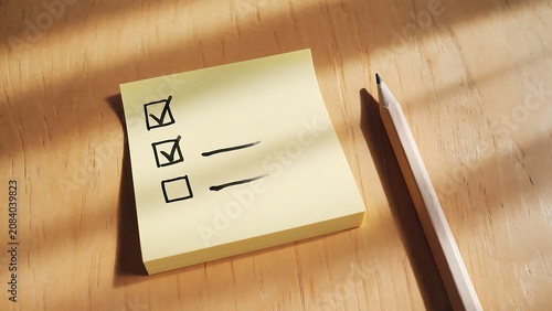 Checklist on a sticky note with a pencil on a wooden table illuminated by sunlight.