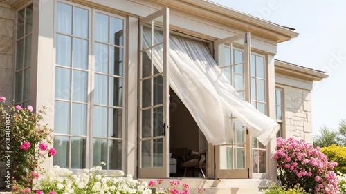 Modern house with a large open window and sheer curtains flowing in the breeze, surrounded by blooming flowers, showcasing elegant residential architecture and natural ventilation