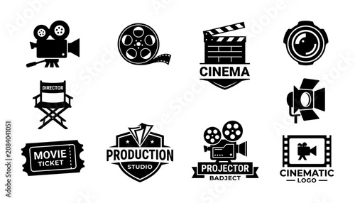 Cinema Logo Set with Film Camera Icons, Badges, Clapperboard, Director Stick Figure and Ticket Label Designs