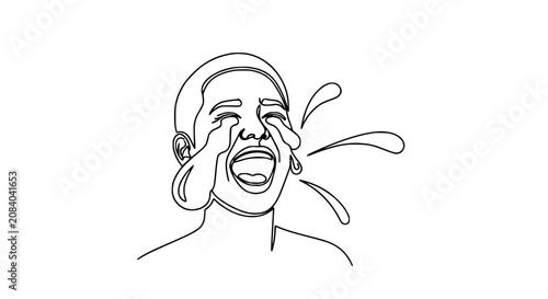 Man Crying Laughing Face Continuous Line Drawing