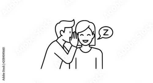Man Whispering Secret to Woman, Gossiping, Sharing Information, Icon, Line Art