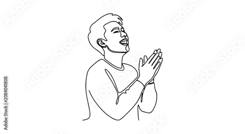 Man praying, continuous line drawing, grateful expression, hands clasped, white background
