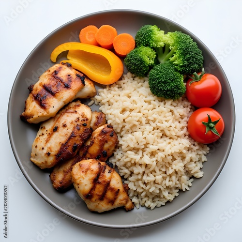 Grilled Chicken Breast with Brown Rice and Fresh Vegetables Healthy Balanced Meal