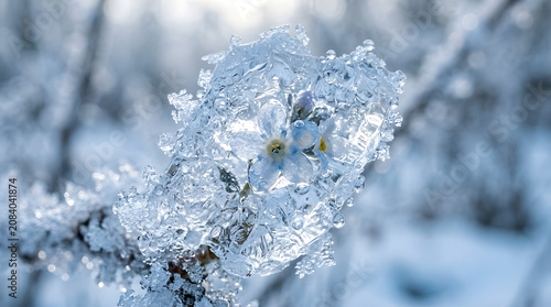 Delicate blue forget me not flower frozen inside a clear block of ice