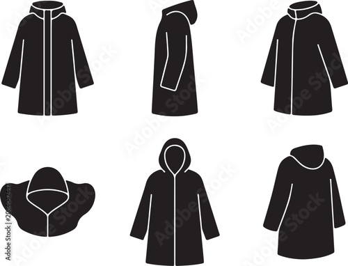 Waterproof hooded raincoat silhouette icon set in black