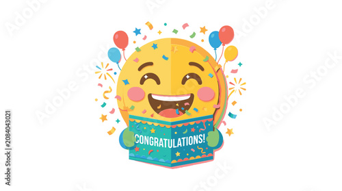 Happy smiling face with confetti celebration.
