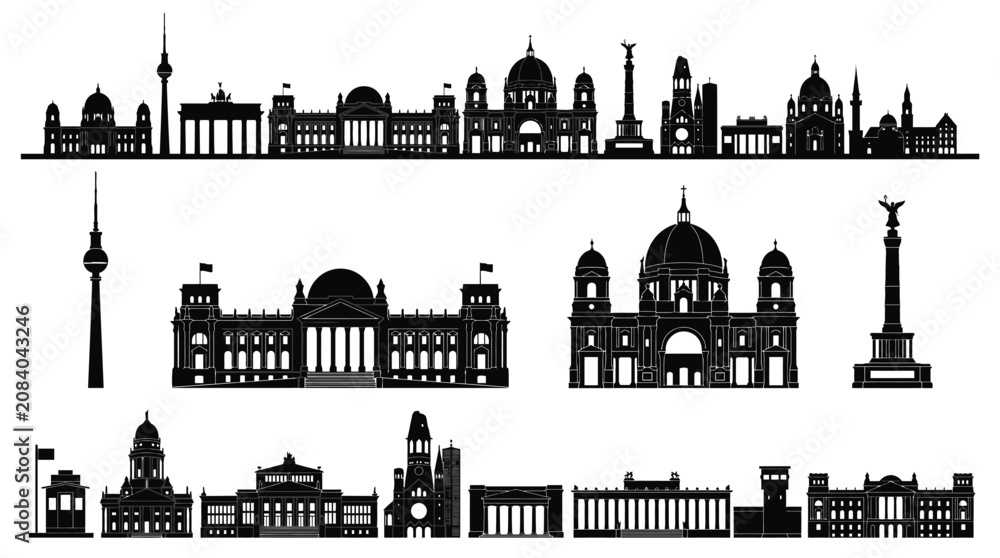 Obraz premium Detailed black vector illustration showing iconic berlin city skyline landmarks on a clean white background