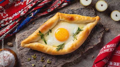 Delicious Adjaruli Khachapuri with Egg and Cheese, Garnished with Rosemary, Served on a Stone Slab.