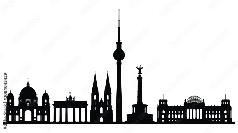 Fototapeta premium Detailed black vector illustration showing iconic landmarks of the famous city of Berlin in Germany