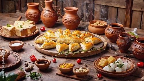 Delicious assortment of traditional sweets and snacks served with clay pottery on a rustic wooden table.