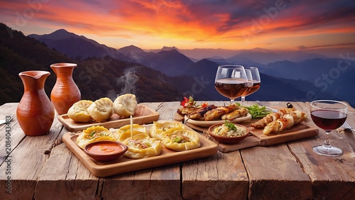 Delicious Georgian feast with khinkali, khachapuri, and wine against a stunning mountain sunset backdrop.