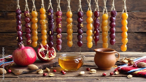 Delicious churchkhela, pomegranate, nuts, and tea arranged on a rustic wooden table, creating a warm and inviting atmosphere.