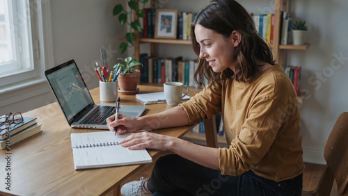 Woman works from home, writing notes in notebook while using laptop on wooden desk in comfortable setting.